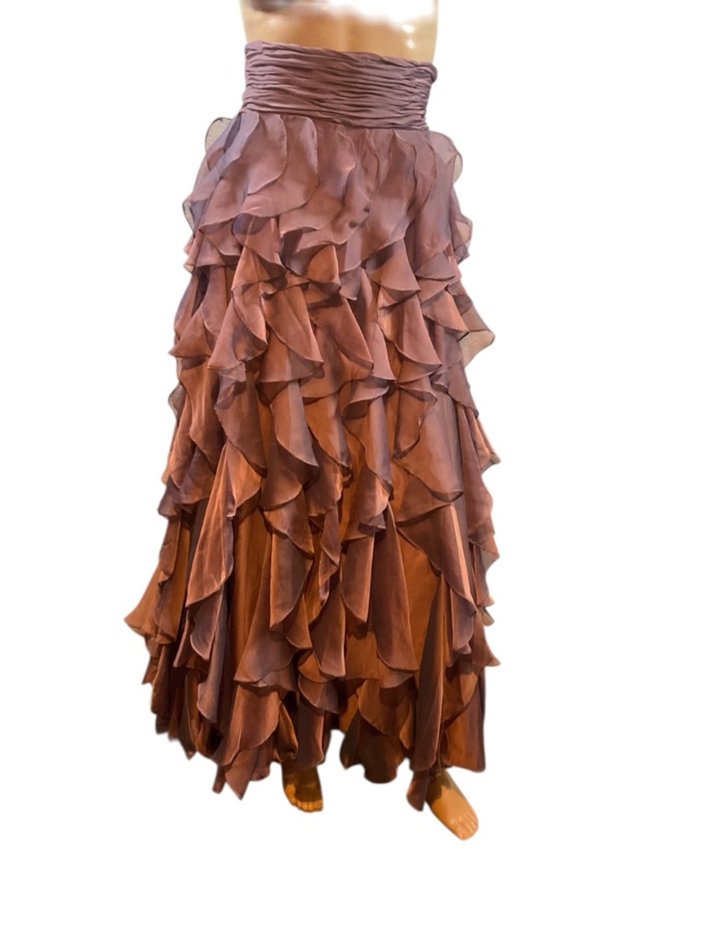 Tiered Ruffle Maxi Skirt in Brown with Ruched Waistband